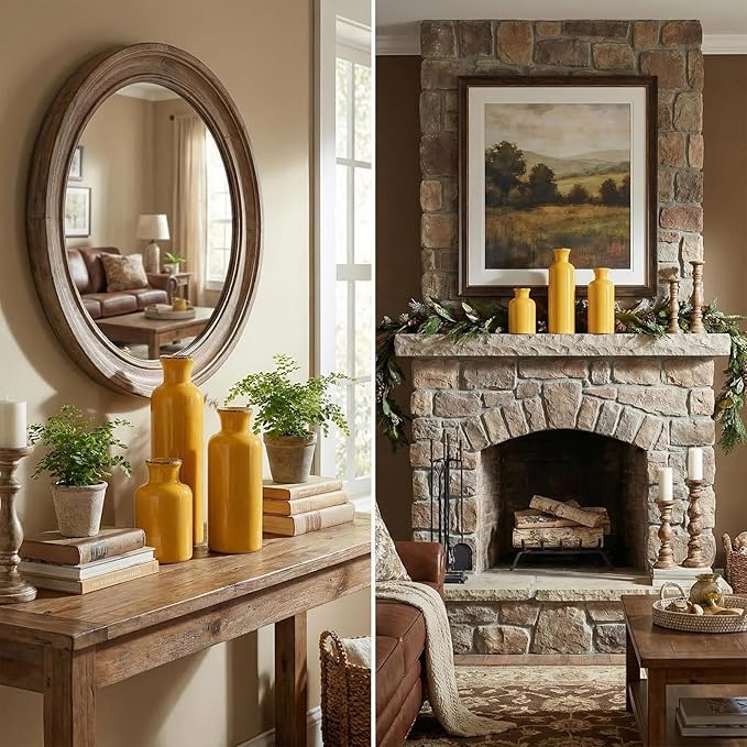 CwlwGO- Yellow Ceramic Vase Set,Modern Decorative Vases for Home Decor, Kitchen&Living Room Table Décor,Fireplace & Entrance centerpieces Decorations.