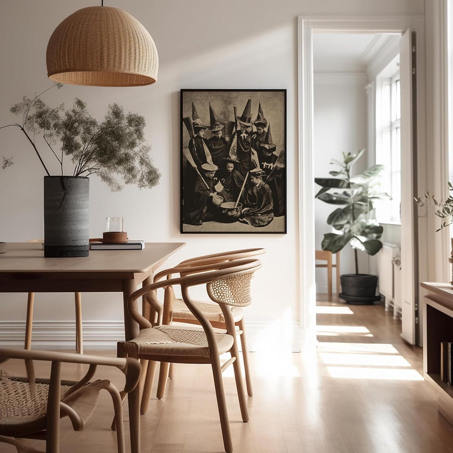 Poster Master Vintage Photograph Poster - Retro Halloween Print - Gift for Artist, Friend - Witches Cooking, Pointy Hats, Broomsticks, Black Magic - Wall Decor for Bedroom, 24x32 Unframed Wall Art