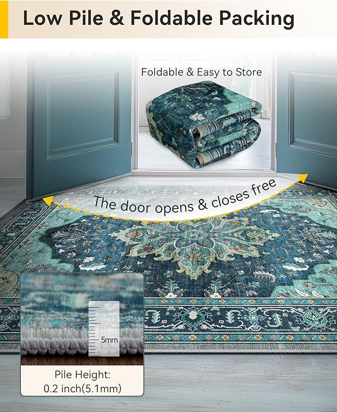RELEANY Area Rugs 2'6''x12' Runner Rug Non Slip Washable for Kitchen Hallway Bedroom Beside Laundry Room Bathroom Rug, Floor Carpet, Teal Green Lake Blue Turquoise