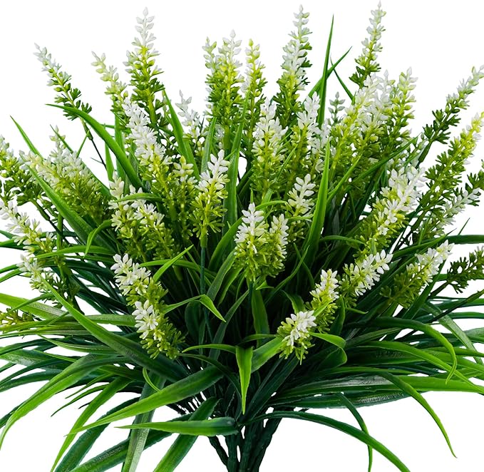 Nigirior Artificial Flowers for Outdoor Plants 24 Bundles Fake Lavender Plastic Faux Monkey Grass for Verandah Window Garden Office Patio Front Porch UV Resistant for Planter(White)