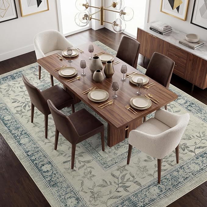 GarveeHome Vintage Blue Area Rug 10x13 for Living Room Washable Cottage Core Farmhouse Low-Pile Stain Resistant Non-Slip Large Carpet for Bedroom Dining Room Home Office TPE Backing Indoor Decor
