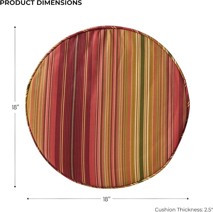 Set of 2 Outdoor 18 inch Round Patio Dining Chair Pads – Comfortable Fiber-Filled Seat Cushions with Ties, Reversible Polyester Fabric, Kinnabari Stripe