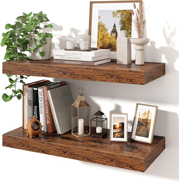 Axeman 24Inch Floating Shelves for Wall, 2 Pack Shelves for Bedroom, Bathroom, Kitchen, Hanging Wall Mounted Rustic Wood Shelf with Invisible Brackets for Books Decor, Rustic Brown