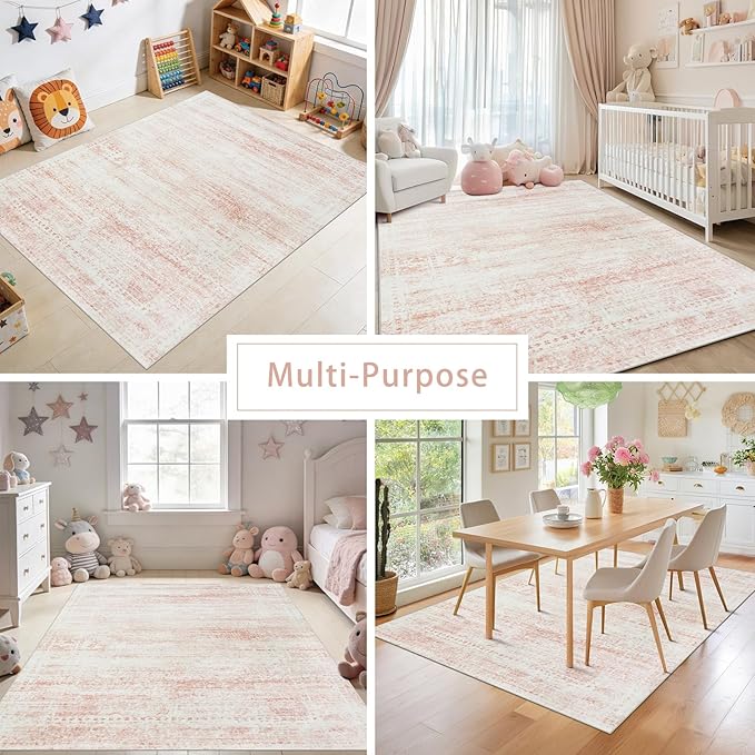 Srugn Washable Rugs 6x9 Area Rugs for Living Room,Bedroom,Dining Room- Ultra Soft Faux Wool Nursery Rug for Baby Girl,Neutral Light Pink Low Pile Vintage Carpets for Dorm Kids Playroom,Non Slip