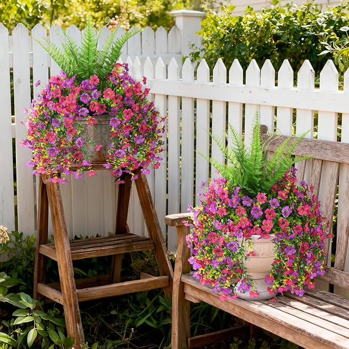ZFProcess Artificial Fake Hanging Flowers for Outdoors, Silk Daisy with Articial Boston Ferns Plants Set, Realistic Spring Fake Outdoor Flowers UV Resistant Porch Patio Yard Decor