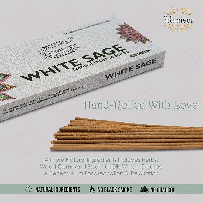 White Sage Incense Sticks for Cleansing 100 gm Pack - 100% Natural -Charcoal Free - Organic Non Toxic Clean Burning - Made from Upcycled Flowers