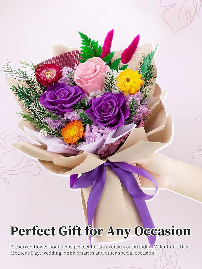 Forever Flowers Gifts for Mom, Mothers Day Preserved Flowers Bouquet Birthday Gifts for Her, Preserved Roses for Grandma Wife Anniversary Valentines Day Christmas (Purple Paper)