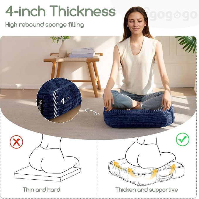 HIGOGOGO Floor Pillow Cushion for Adults, Meditation Cushion Pillow, Blended Corduroy Cover, Large Square Floor Sitting for Tatami Living Room or Yoga, 22x22 Inch, Navy