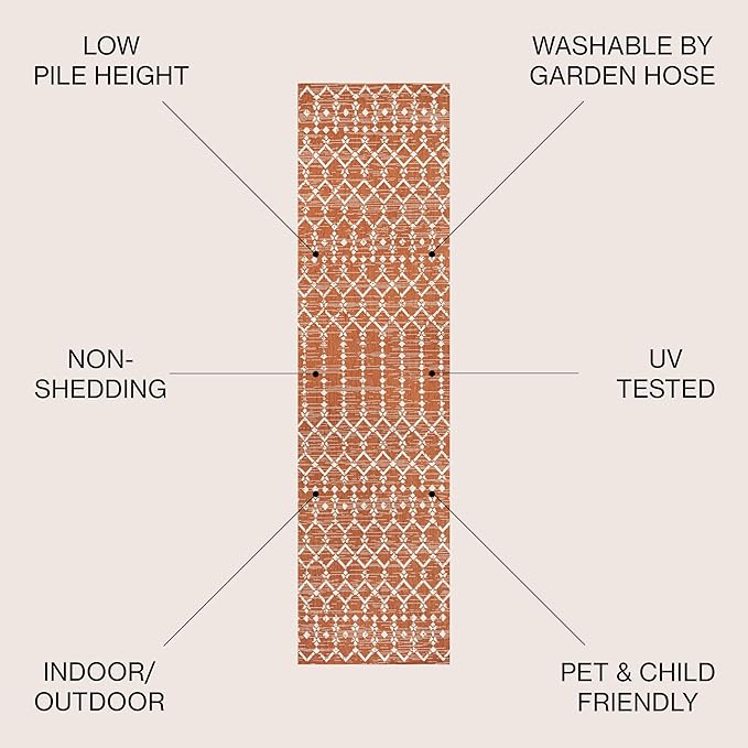 JONATHAN Y Moroccan Geometric Indoor Outdoor Runner Rug 2X10 Orange/Cream, Ourika Textured Weave for Backyard, Patio, Porch, Easy-Cleaning, High Traffic, Pet-Friendly, Non-Shedding (SMB108P-210)