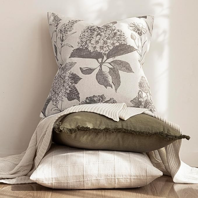 Foindtower Set of 2 Linen Floral Throw Pillow Covers Vintage Accent Print Decorative Cushion Covers Farmhouse Boho Home Decor for Sofa Chair Couch Bedroom Living Room,22×22 Inch,Light Gray