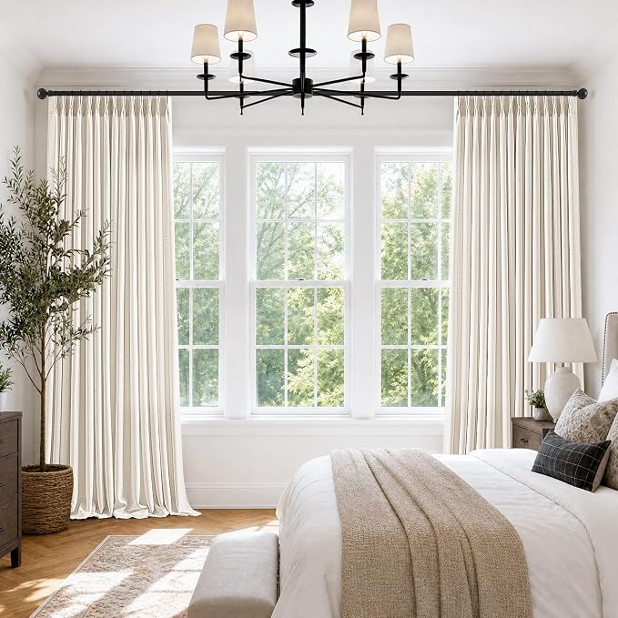 Pinch Pleated Linen Curtains 70 Inch Wide 1 Panel for Living Room Large Windows Farmhouse Light Filtering Linen Textured Natural Door Curtains with Rings 92 Inches Long Shaped Drapes for Sliding Door