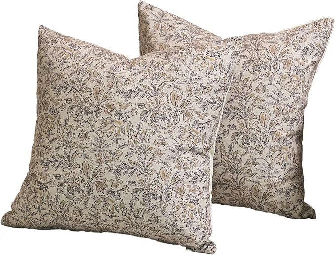 Amor Virisso Floral Throw Pillow Covers 20x20 Set of 2 Vintage Block Print Pillow Covers Decorative Pillow Covers Couch Pillows for Living Room Farmhouse Accent Sofa Pillows, Yellow/Sand
