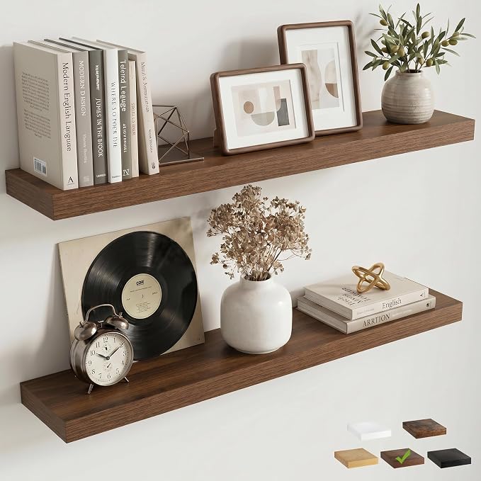 Venusmiles Floating Shelves for Wall, 36 Inch Floating Shelves Set of 2, 6.5" D Wooden Wall Mounted Display Shelves with Invisible Brackets for Living Room, Bedroom, Bathroom, Kitchen Decor, Walnut