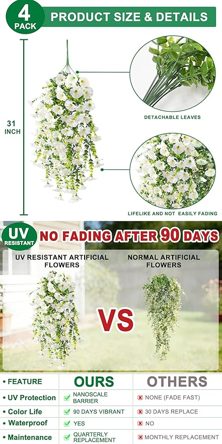 4PCS Artificial Hanging Flowers for Outdoors Summer Decoration, Fake Hanging Plants Faux Petunias with Eucalyptus, UV Resistant No Fade Plastic Realistic Silk Flowers for Porch Patio Balcony Indoor