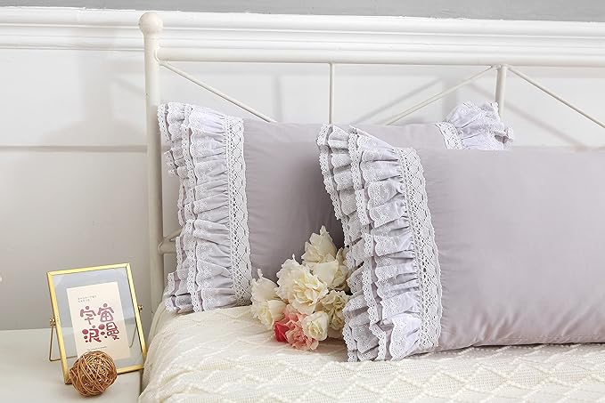 Gray Pillow Shams with Lace Ruffles Shabby Chic Cotton Queen Size Grey Pillowcases 20 x 30 2-Pack