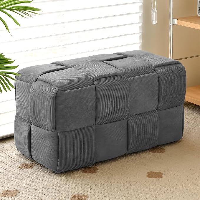 Cmishe 28" Rectangular Woven Corduroy Ottoman Footrest - Large Modern Entryway Bench & Bed End Stool, Sturdy Wood Frame, No Assembly (Grey-L)