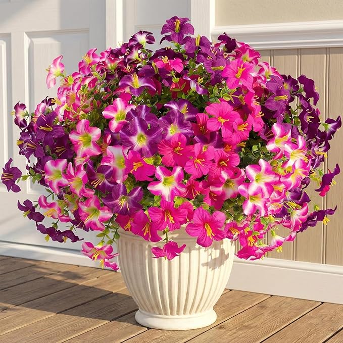 Daynight Faux Petunias Artificial Flowers Plants for Outdoor Plant Decoration,Fake Petunias Realistic Silk Flowers for Porch Yard Garden Window Indoor Decor. (16, Rosered,RedViolet)