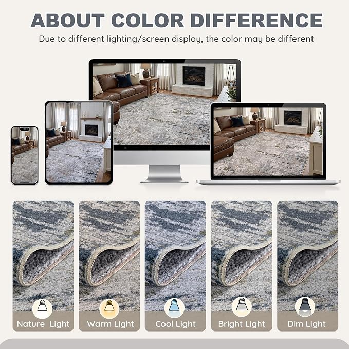 DMOYEST Area Rug Living Room Rugs - 10x12 Washable Large Soft Indoor Neutral Modern Abstract Low Pile Rug Carpet for Bedroom Dining Room Farmhouse Home Office - Blue/Grey/Brown