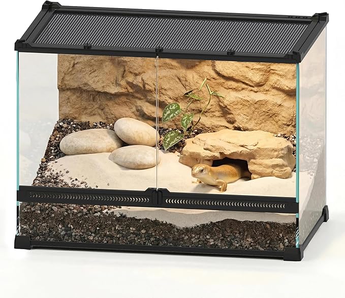 20"x12"x14" Reptile Terrarium, Double-Door Glass Terrestrial Vivarium for Small Desert Reptiles Such as Sandfish Skinks, with Lock, Cable Port & Waterproof Deep Base Below Front Doors