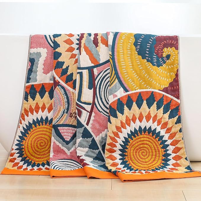 90"x108" Extra Large 4-Layer Gauze Summer Quilt for King Size Bed,100% Cotton Muslin Blankets for Adults,Reversible Boho Throw Blanket for Couch Bed Sofa Home Decor with Embroider Sun