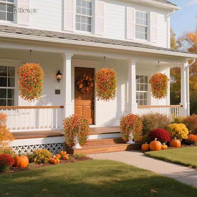 Artificial Hanging Flowers for Outdoors Fall Decoration, 4PCS UV Resistant Faux Silk Hanging Plants for Outside, Garden, Porch, Window, Home Decor (Orange, 4PCS)