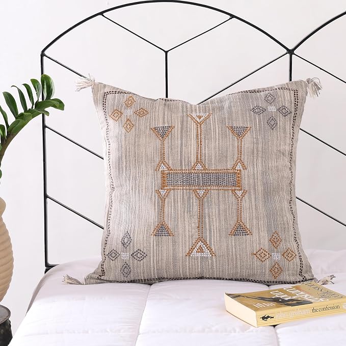 Moroccan Pillow Cover (20 X 20 inches) | Hand-Woven Sabar Silk Pillow Linen Cover | Rustic Home Décor Bohemian Cushion Linen | Square Cotton Pillow Case | Farmhouse Decorative Throw Pillow Dress