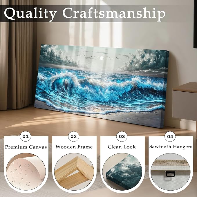 imjiayu Coastal Wall Decor, Beach Wall Art, Ocean Canvas Wall Art, Large Sunrise Seascape Decoration Painting Print, Sea Wave Landscape Picture For Living Room Bedroom Office Dining Room Home Decor, 24" X 48"