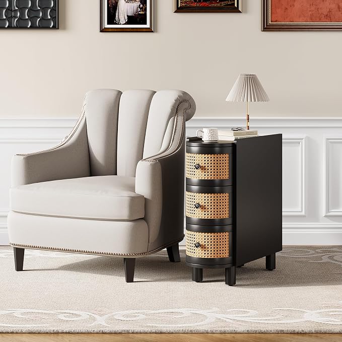 LITTLE TREE Solid Wood End Table, Rattan Narrow Side Table with 3 Drawers, No Assembly Required, Nightstand Bedside Tables for Living Room, Bedroom, Office, Bathroom, Black