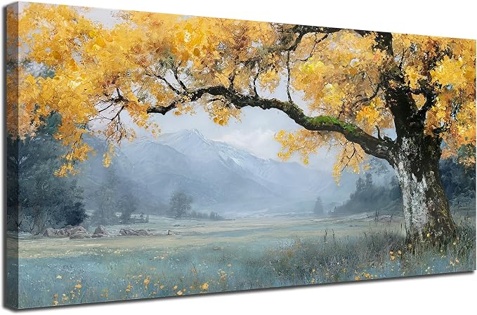Arjun Tree Canvas Wall Art Landscape Painting for Living Room Bedroom, Mountain View Wall Decor Nature Scenery Artwork Rustic Textured Large Framed Picture Dining Room Hallway Fireplace 40"x20"