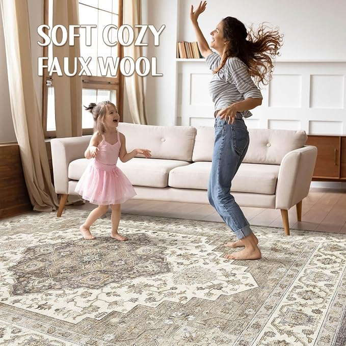 7x10 Area Rug Living Room: Washable Boho Large Neutral Vintage Soft Rug Stain Resistant Farmhouse Non-Slip Indoor Floor Carpet for Bedroom Nursery Kids Playroom Office Dining Room Home- Brown Beige