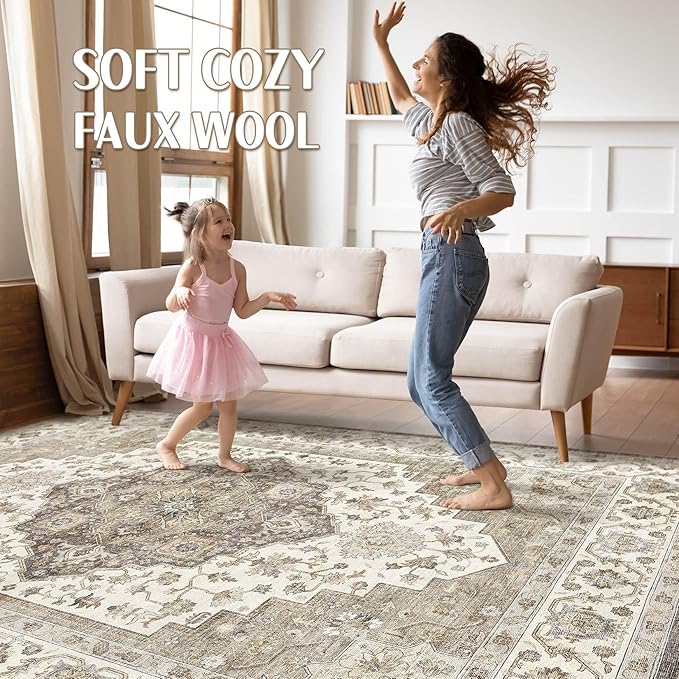 8x10 Area Rugs Living Room: Washable Boho Large Neutral Vintage Soft Rug Stain Resistant Farmhouse Non-Slip Indoor Floor Carpet for Bedroom Nursery Kids Playroom Office Dining Room Home- Brown Beige