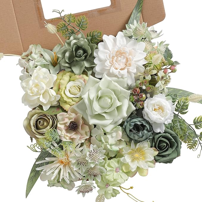 rongflower Forest Green Artificial Flowers Combo Box Set Silk Flowers Fake Rose for DIY Floral Arrangements Wedding Bouquets Centerpieces Baby Shower Party Home Decorations