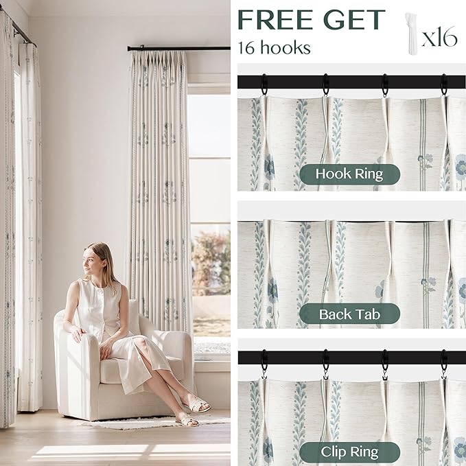 THREE GIRLS Pinch Pleated Curtains for Living Room Bedroom Dining Room - 102 Inches Light Filtering Floral Curtains Luxury Linen Drapes Farmhouse Window Curtains with Hooks - 2 Panels Set