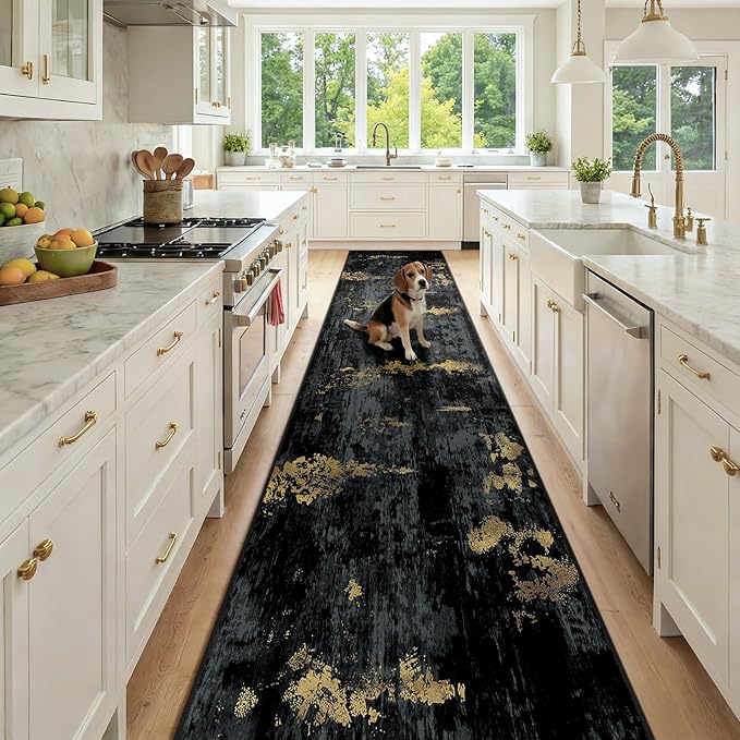 RELEANY Washable Area Rugs 2'6'' x14 Non-Slip Modern Abstract Soft for Living Room Entryway Bedroom Nursery, Print Pattern, Dark Black Gold