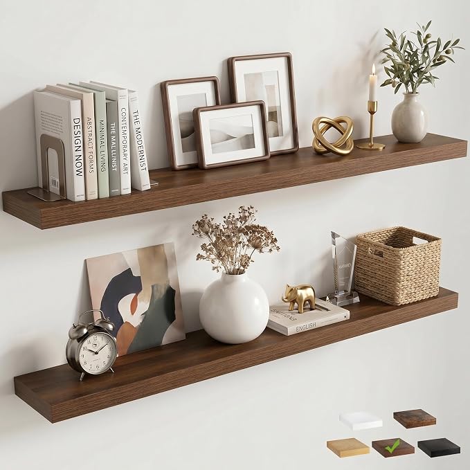 Venusmiles Floating Shelves for Wall, 48 Inch Floating Shelves Set of 2, 6.5" D Wooden Wall Mounted Display Shelves with Invisible Brackets for Living Room, Bedroom, Bathroom, Kitchen Decor, Walnut