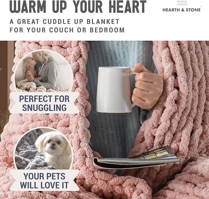 Chunky Knit Blanket Throw - 50"x60" 3.7 lbs.- Soft Chenille Yarn Knitted Blanket -Machine Washable Crochet Blanket - Handmade Cable Knit Throw Blanket for Couch, Bed (Blush Pink) | Soft chenille chunky knit throw blanket in blush pink â€“ handmade cabl...