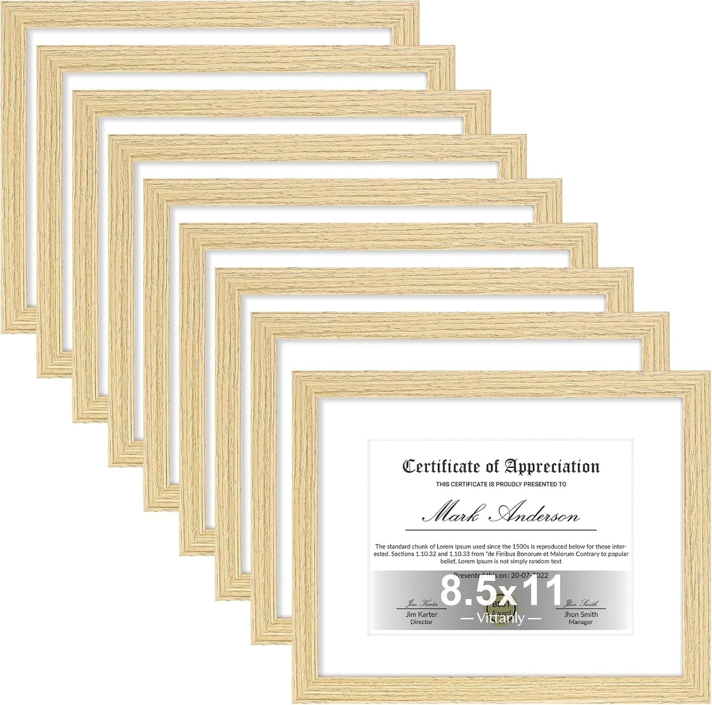 Vittanly 8.5x11 Picture Frames Set of 9, Shatter Resistant Plexiglass, Display 6x8 Pictures with Mat or 8.5x11 without Mat, Photo Frames for Wall or Tabletop, Engineered Wood, OAK