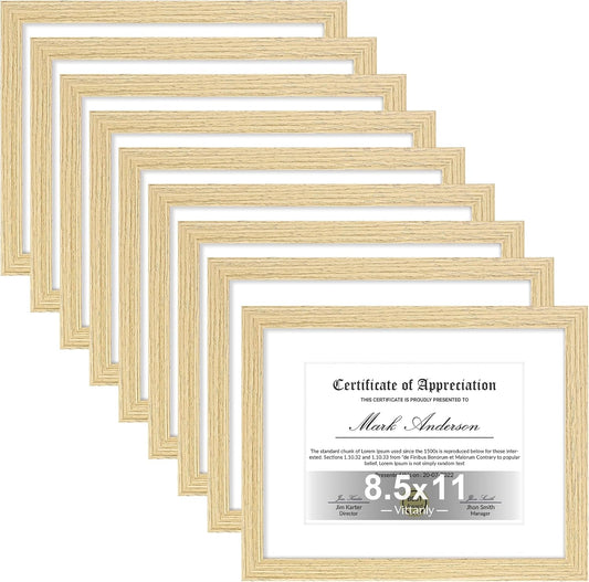 Vittanly 8.5x11 Picture Frames Set of 9, Shatter Resistant Plexiglass, Display 6x8 Pictures with Mat or 8.5x11 without Mat, Photo Frames for Wall or Tabletop, Engineered Wood, OAK