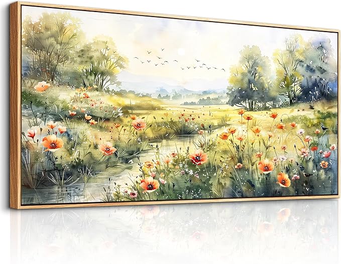 XIGUANGART Canvas Wall Art for Living Room Wildflower Pastoral Scenery Paintings Large Framed Wall Decor Meadow Abstract Pictures Rustic Floral Art Print for Bedroom Office Modern Artwork Decorations