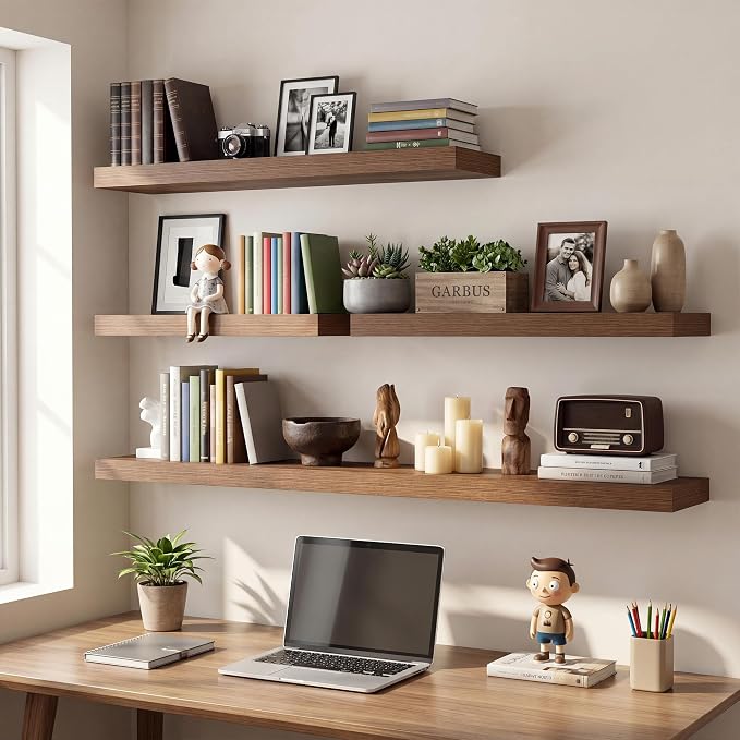Vivelove Wall Floating Shelves for Display with Invisible Brackets, 48 Inch Floating Shelf for Under TV Over Fireplace Bedroom Living Room Office, 48”X 8”X 1.4", Set of 2 - Walnut