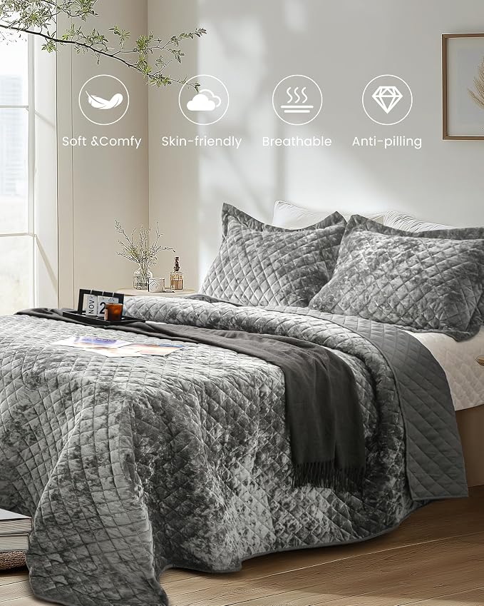 Luxury Velvet Queen Quilt Set- Ultra Soft Lightweight Velvet Comforter Set- Oversized Bedspread Coverlet with 2 Shams Diamond Pattern- for All Season (Dark Grey)