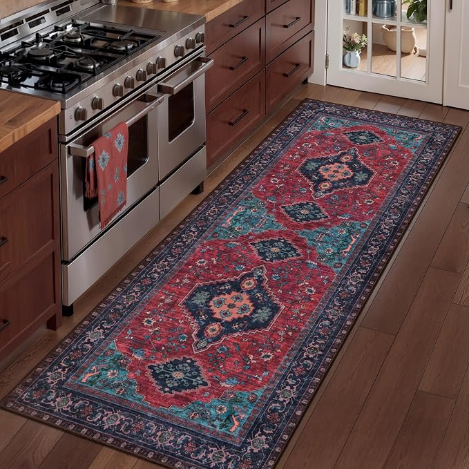 Tangsoo 2x6 Washable Runner Rug for Hallways, Non Slip Vintage Runner Rug, Soft Low Pile Long Rug Runner Print Distressed Carpet Runners for Kitchen Bedroom Entryway Bathroom Living Room Burgundy/Navy