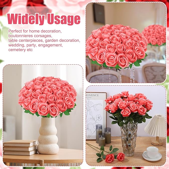 36 Pcs Deep Pink Artificial Roses with Long Stems, Fake Silk Rose Artificial Flowers Bulk for Bridal Wedding Bouquet Centerpiece Ball Arrangement Party Decor