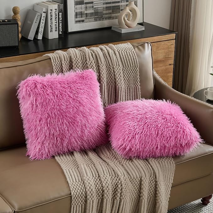 FUTEI Pack of 2 Shaggy Mongolian Faux Wool Throw Pillow Covers 18x18 Inch Soft Decorative Cushion Case for Couch Bed Living Room, Hot Pink