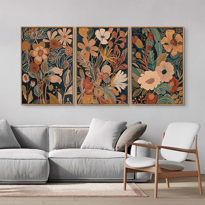 Tinonedraw Burnt Orange Floral Framed Canvas Wall Art Set of 3, Boho Chic Flower Artwork, Mid Century Modern Wall Decor, Colorful Neutral Botanical Art Prints for Bedroom Living Room Office 24"x36"