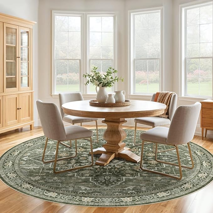 Round Rug Living Room Rugs: 7x7 Washable Boho Neutral Large Circle Soft Indoor Floral Stain Resistant Floor Farmhouse Carpet for Bedroom Nursery Kids Playroom Office Dining Room- Dark Green