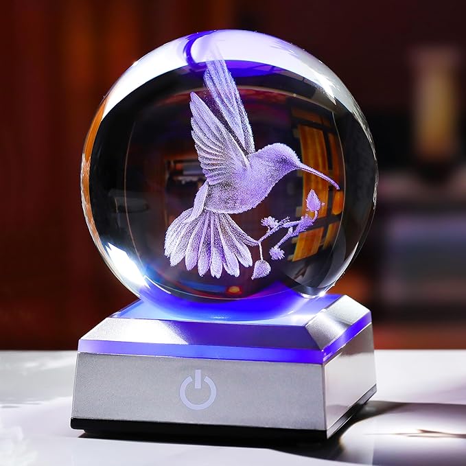 Crystal Ball 3D Engraved Hummingbird with LED Colorful Base, 3.15" Glass Sphere Ideas for Friends Home Decor Display, Hummingbird Gifts for Men Women on Birthday Christmas