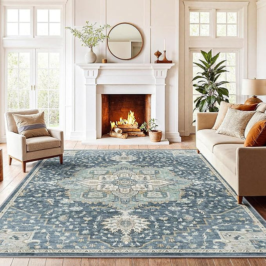 AMADA HOMEFURNISHING 5x7 Area Rugs, Washable Living Room Rug Low-Profile with Non-Slip Backing & Durable Edge Binding, Vintage 5x7 Rugs for Living Room, Bedroom, Dining Room