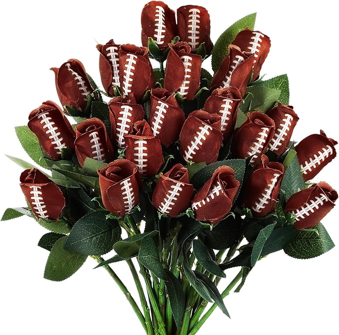 Suhine 24 Pcs Artificial Football Rose Flowers Sports Party Favors Bulk for Birthday Graduation Wedding Party Decorations Table Centerpieces Game Day Tailgate Senior Night Gift(Football Color, Normal)