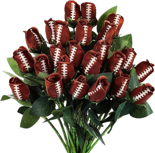 Suhine 24 Pcs Artificial Football Rose Flowers Sports Party Favors Bulk for Birthday Graduation Wedding Party Decorations Table Centerpieces Game Day Tailgate Senior Night Gift(Football Color, Normal)